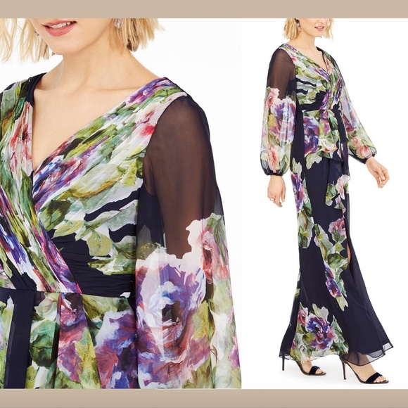 NEW $249‎ Adrianna Papell Long Sleeve Floral Print Chiffon Gown [ SZ 4 ] - Picture 2 of 12